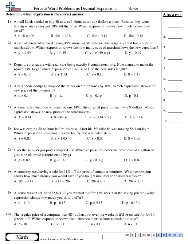 Algebra Worksheets - Percent Word Problems as Decimal Expressions worksheet